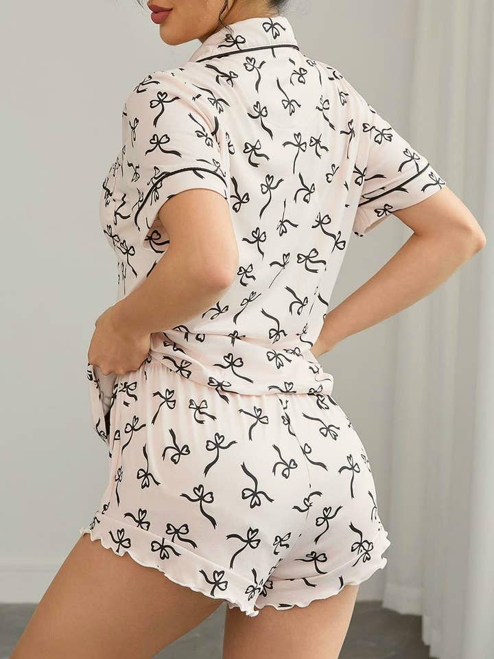 Begie Bow print pajamas 2 pcs t-shirt top & shorts set for wholesale on Faire7