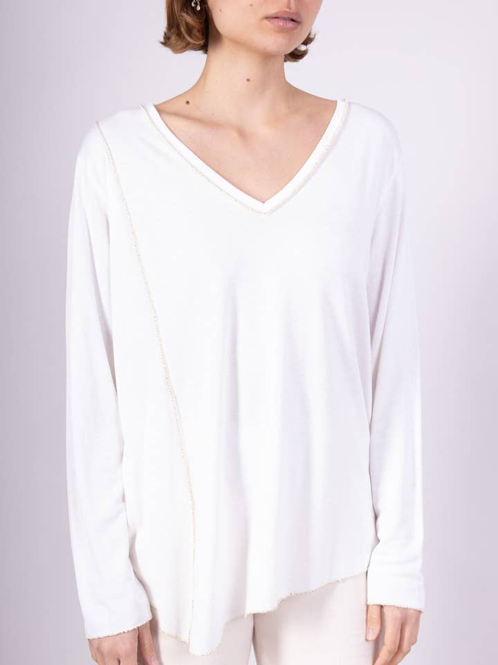Asymmetrisk guldtråd Langærmet T-shirt med V-hals for engroshandel hos L'Emotion