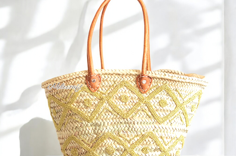 Melecraft – wholesale Basket – Embroidered Straw Tote with Leather Handles2