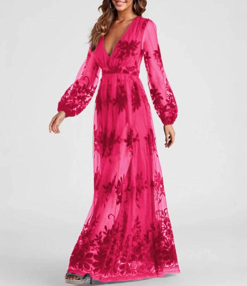 Rose red Flare lace maxi tulle prom dress for wholesale on Faire0