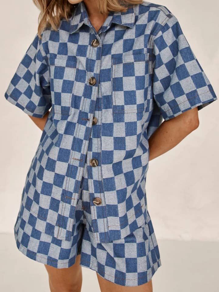 BLUE Checked Shirt and Shorts Co-Ord Set for wholesale on Faire1