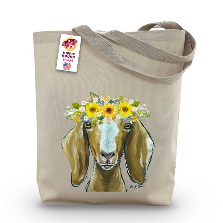Gusset Tote Bag, Madge Goat Sunflowers Tote Bag, Goat Gifts for wholesale by Hippie Hound Studios