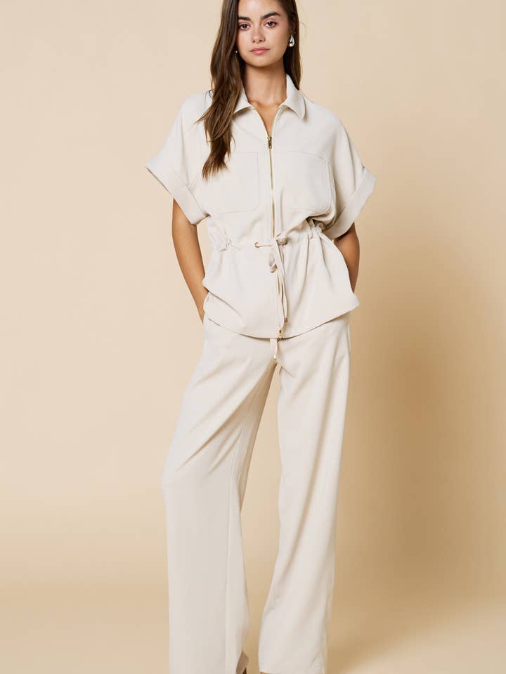 Front Zipper Closure Collared Drawstring Blouse for wholesale by Lalavon