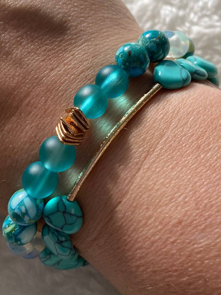 Blue “sea Glass” With Marble And Various Beads With Gold Detail for wholesale by Good Vibes Beads Design