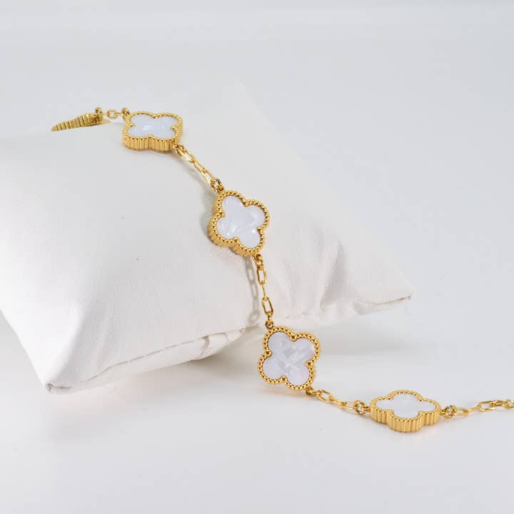 Byzantium Collection Ltd - Wholesale Charm/Dangle Bracelet - White Four Leaf Clover Double-Sided Bracelet,18K Gold Plate2