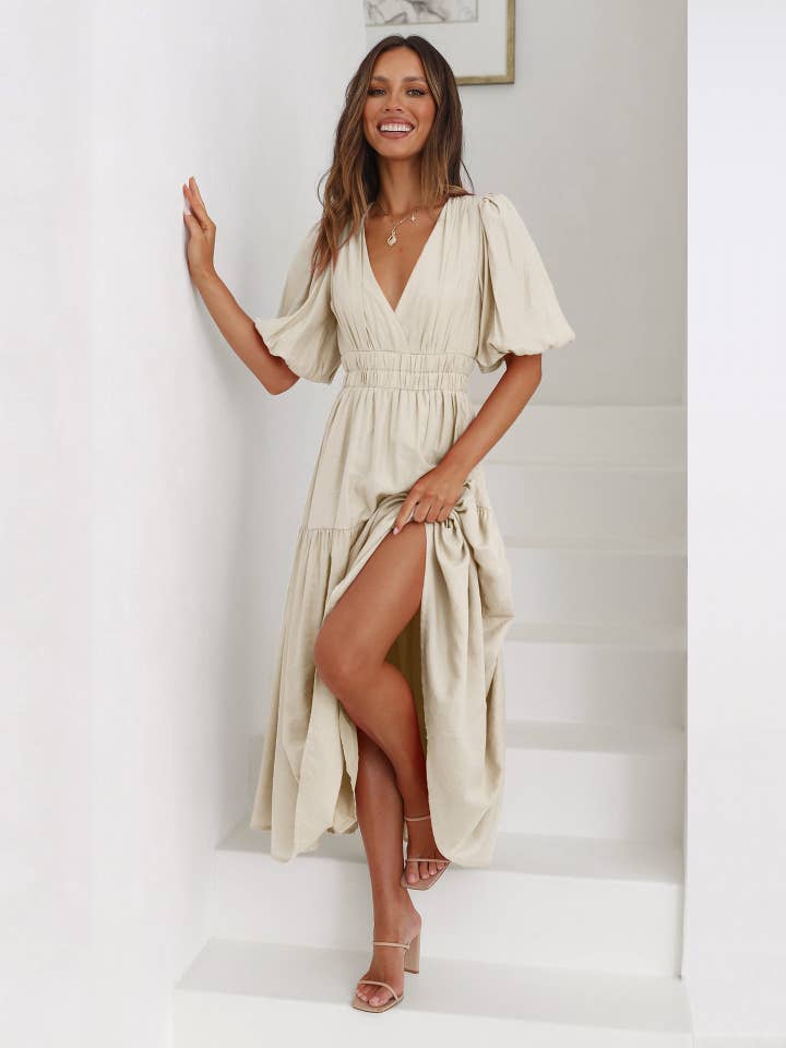 Sweetkama - Wholesale Dress - Women's - Ladies Bubble Sleeves V-Neck Daily Midi Dress GQRM