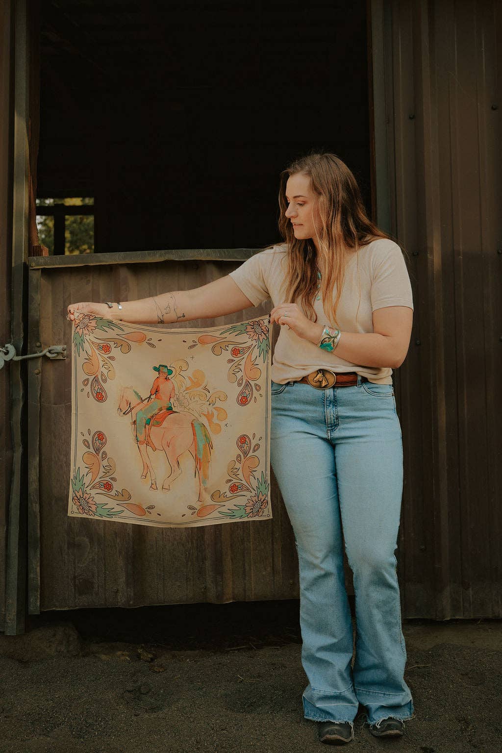 Tirzah Lane Art - Wholesale Scarf – Women's - Summer Ride: Western Scarf Bandana Silk Tencel Cowgirl Wild Rag4