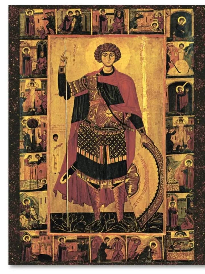 Saint George the Victorious icon with scenes from his life. Wooden orthodox icon for wholesale by Iconsofsaints