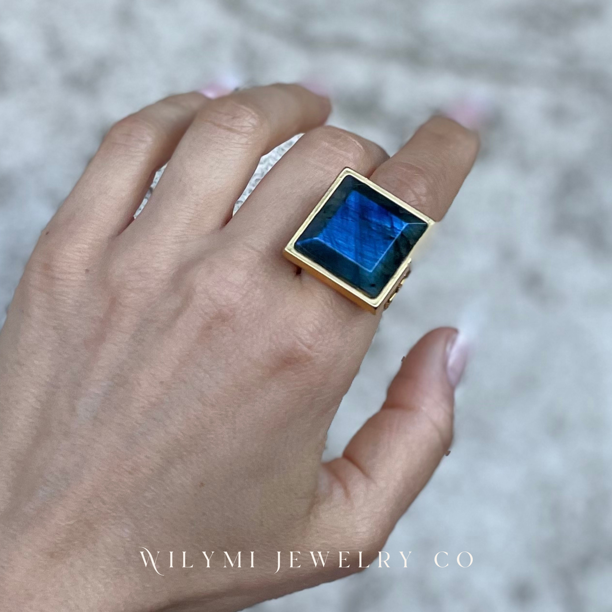 WILYMI Jewelry Co - Wholesale Cocktail/Statement Ring - PRESENCE Labradorite 20mm Square Cut | 24k GF | Adjustable6
