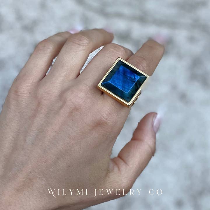 WILYMI Jewelry Co - Wholesale Cocktail/Statement Ring - PRESENCE Labradorite 20mm Square Cut | 24k GF | Adjustable6