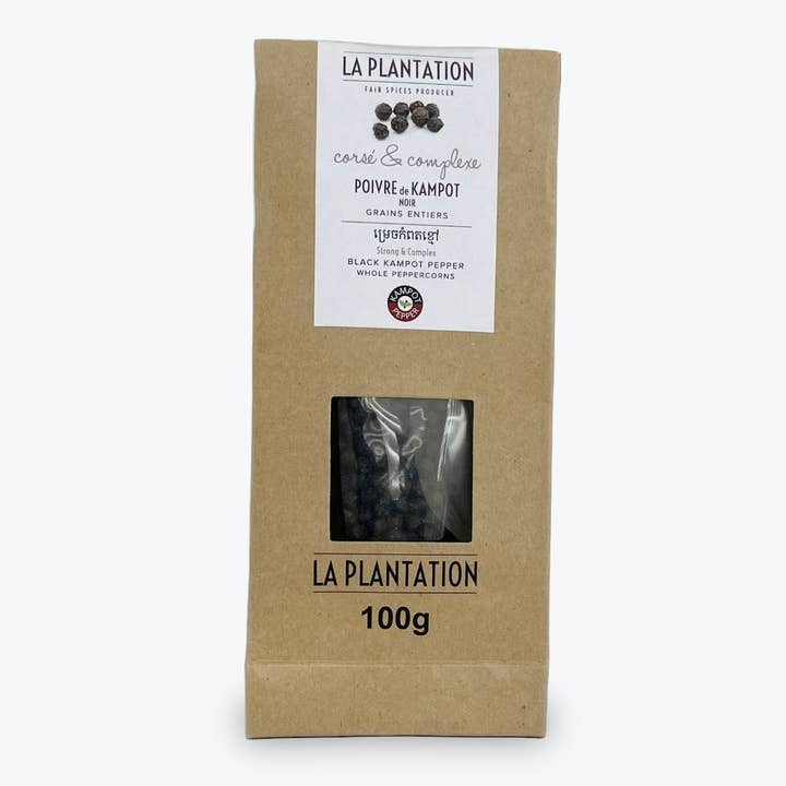 Organic Black Kampot Pepper 100g Kraft Bag for wholesale by La Plantation Fair Spices