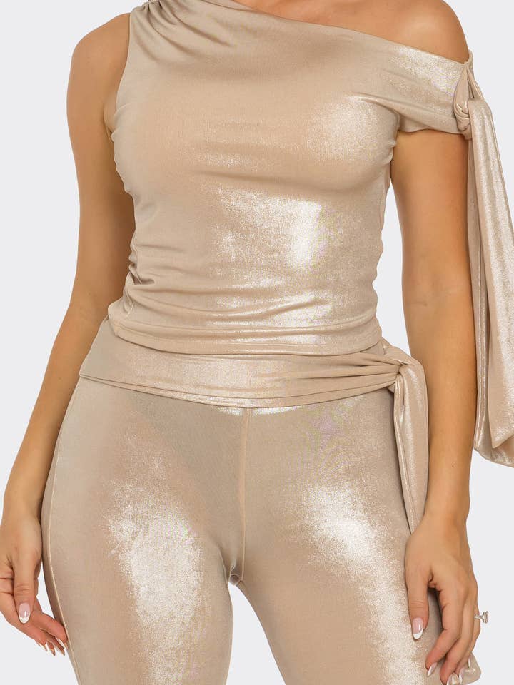 Julia by LoveJ - Wholesale Top & Pant Set (NOT Loungewear) - Women's - Asymmetrical Shoulder Shirring Tie Top Pants Set4