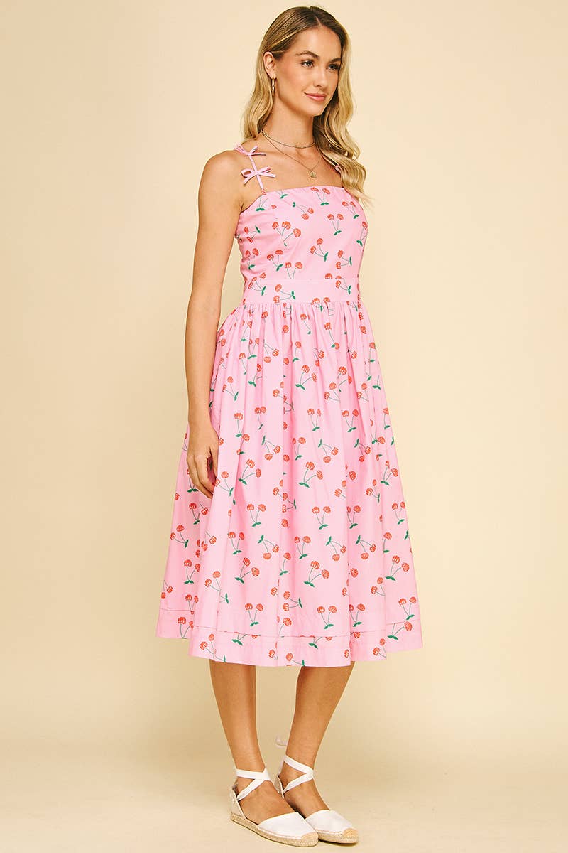 PINCH - Wholesale Dress - Women's - CHERRY PRINT MIDI DRESS WITH RIBBON DETAIL - 6044DA9