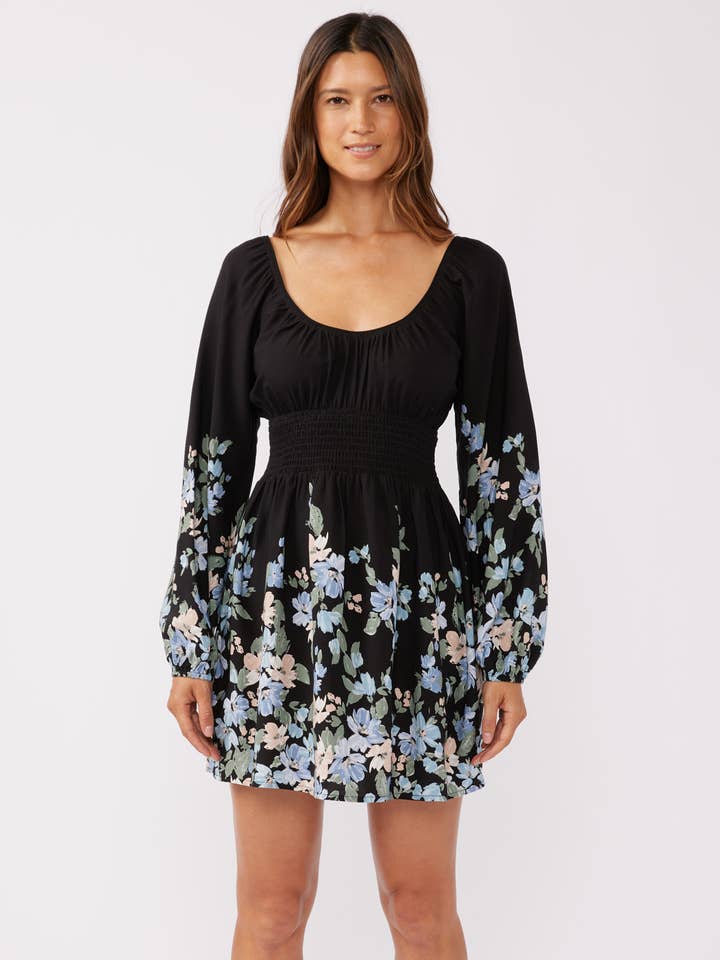 Blue Floral Smocked Waist Mini Dress for wholesale by Lovestitch