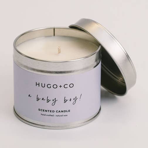 Baby Boy Soy Wax Scented Candle Tin for wholesale by HUGO+CO