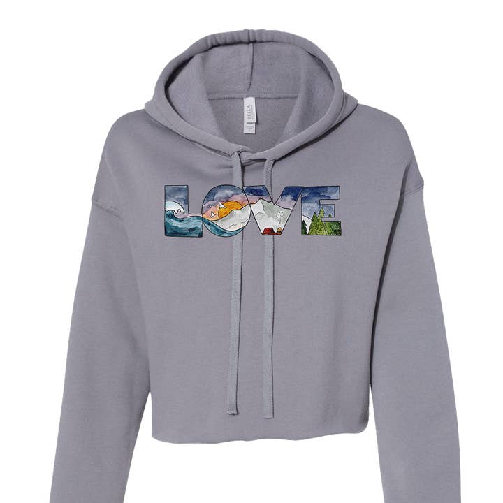 Love Mountains Cropped Fleece Hoodie for wholesale by Sticker Girl, formerly KPB Apparel