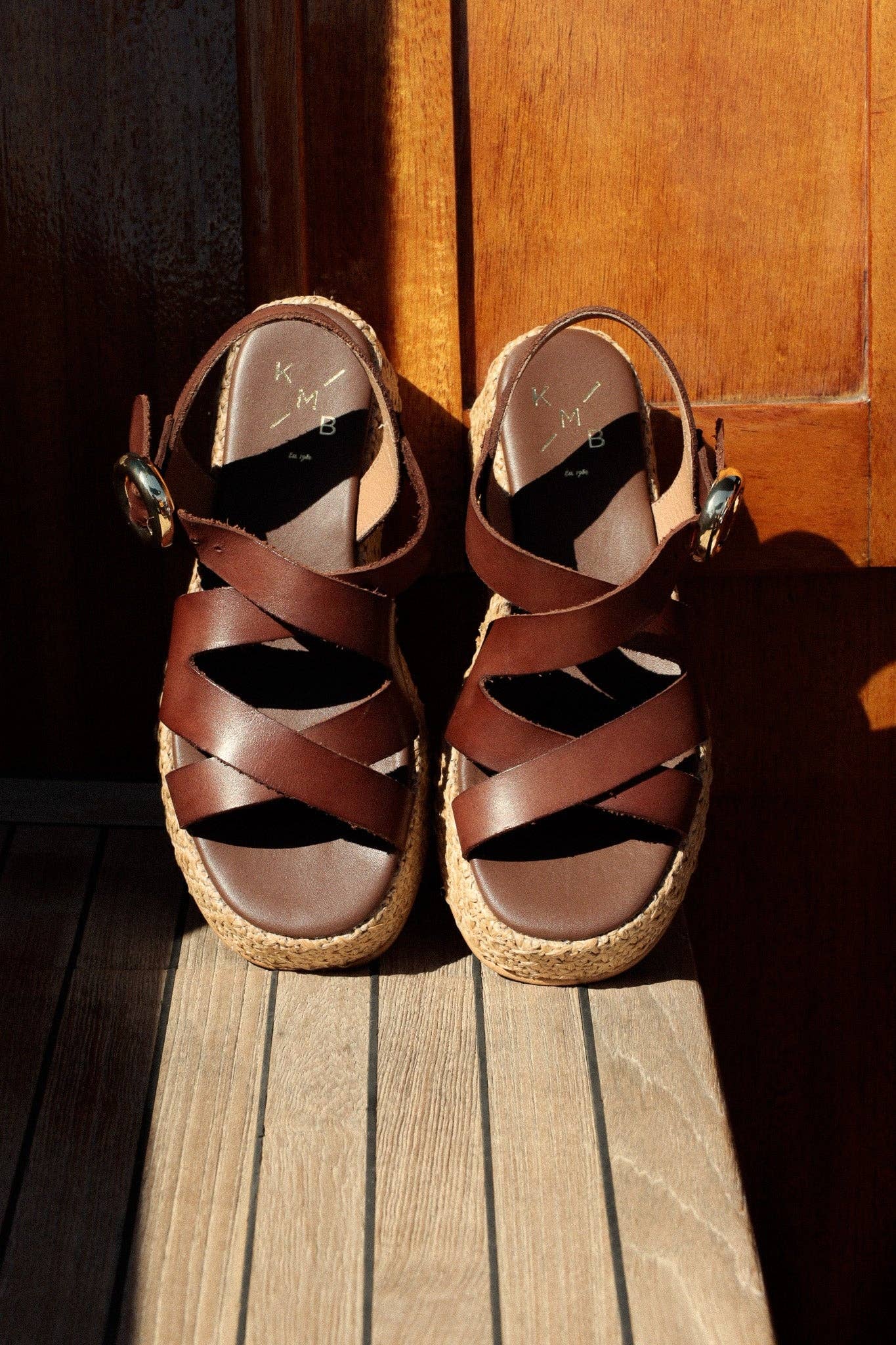 KMB Shoes - Wholesale Sandals - Women's - SAM CHOCOLATE - Crossover Leather Strap Platform Sandals3