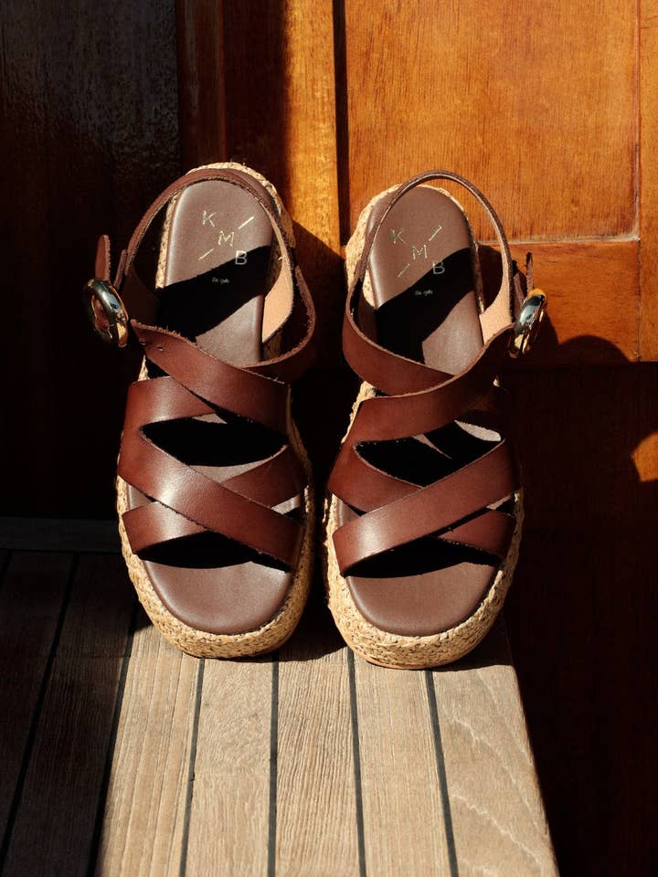 KMB Shoes - Wholesale Sandals - Women's - SAM CHOCOLATE - Crossover Leather Strap Platform Sandals3