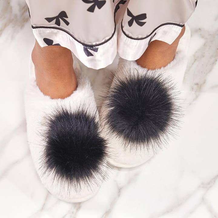 Bella Sleep + Spa - Wholesale Slippers - Women's - Plush Slippers - Ivory with Black Pom Pom2