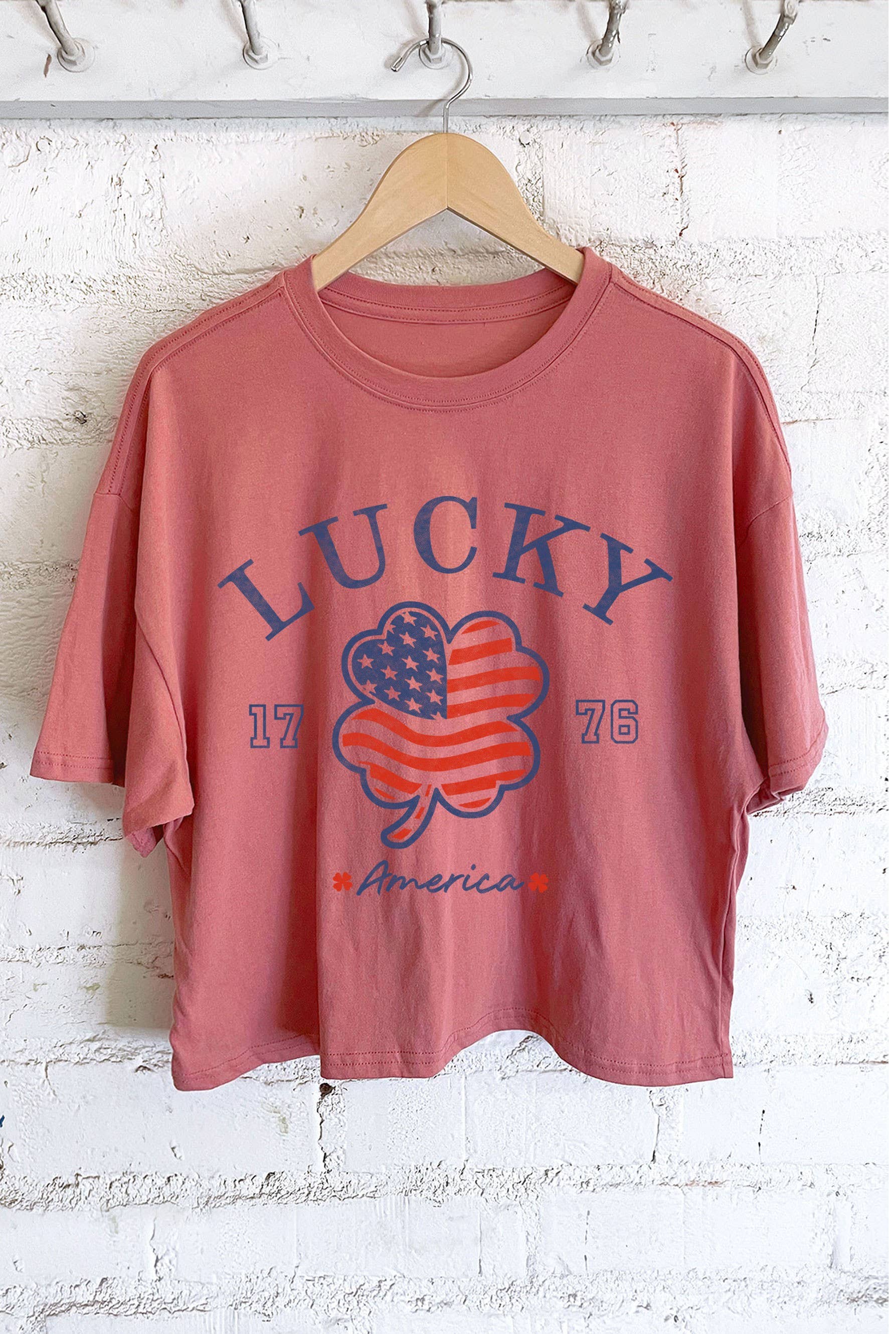 Rustee Clothing - Wholesale Screen Printed T-Shirt - Women's - LUCKY AMERICA CLOVER FLAG GRAPHIC LONG CROP TOP4