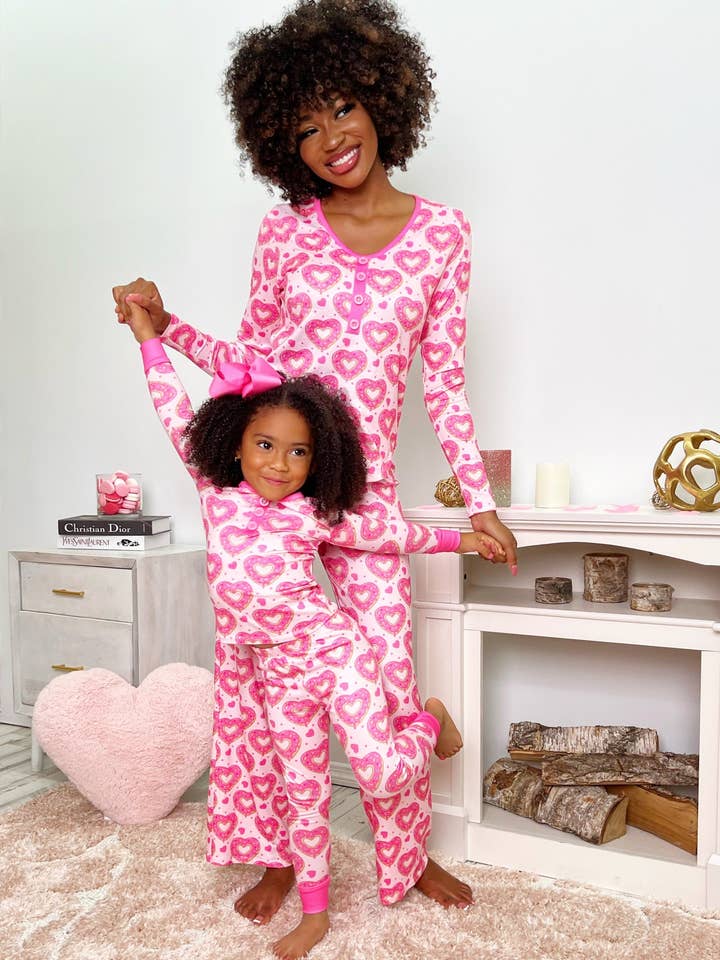 Pink Mommy And Me Heart Donut Pajama Set for wholesale on Faire