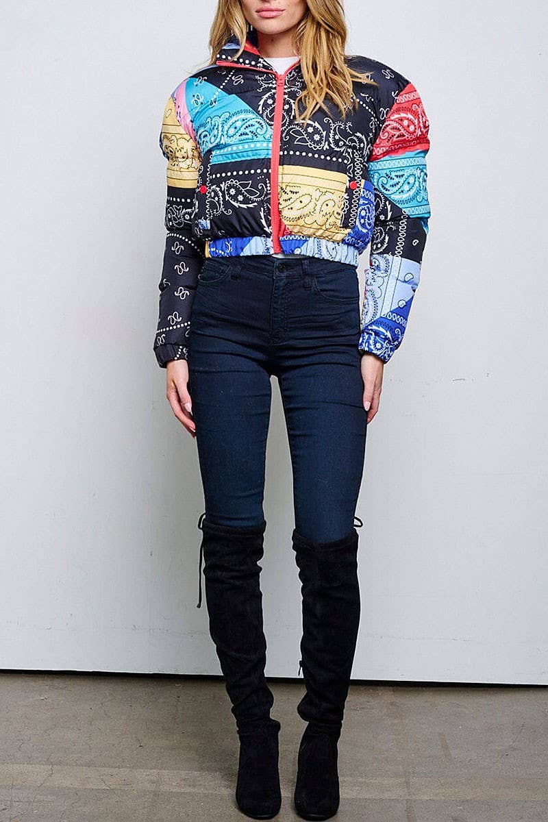 ZIP UP FRONT POCKETS PUFFER MULTI PRINT JACKET for wholesale on Faire2