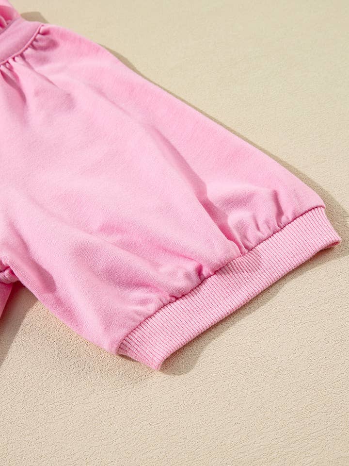Pink Half Zip Puff Sleeve Top and Ruffled Shorts Set for wholesale on Faire
