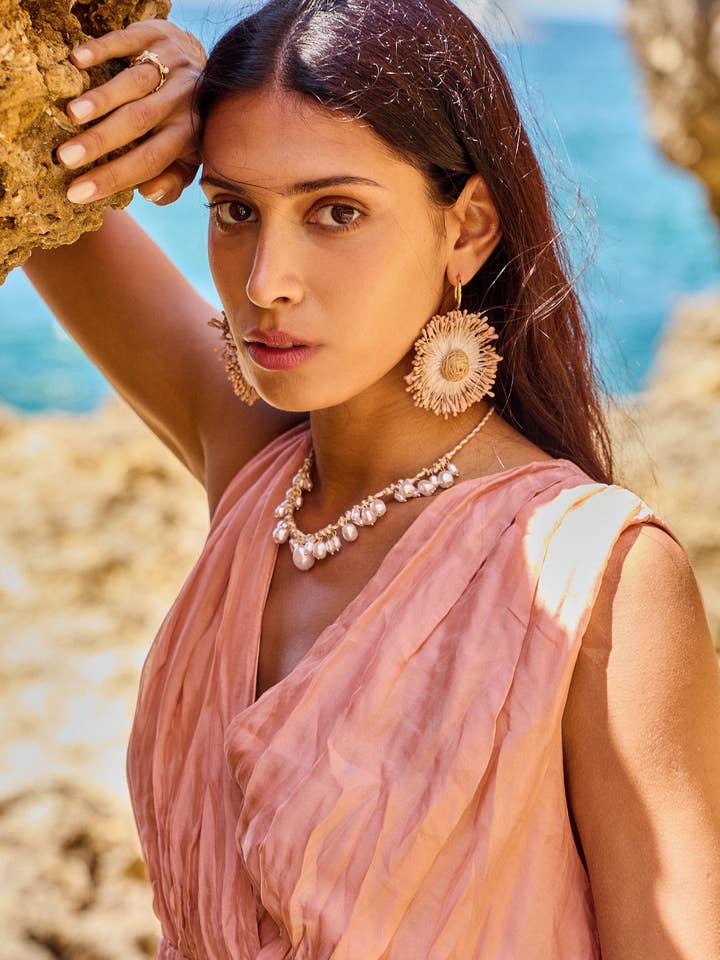 Bohemian Flower Earrings in Braided Raffia for wholesale by BELLISSIMA BIJOUX