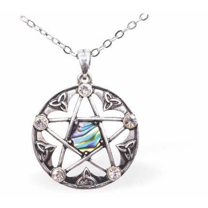 Celtic Pentagram Necklace of Paua Shell, Rhodium Plated for wholesale by Byzantium Collection Ltd