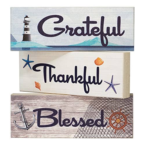 Nautical Grateful Thankful Blessed 3pc Wooden Block Set for wholesale by JennyGems