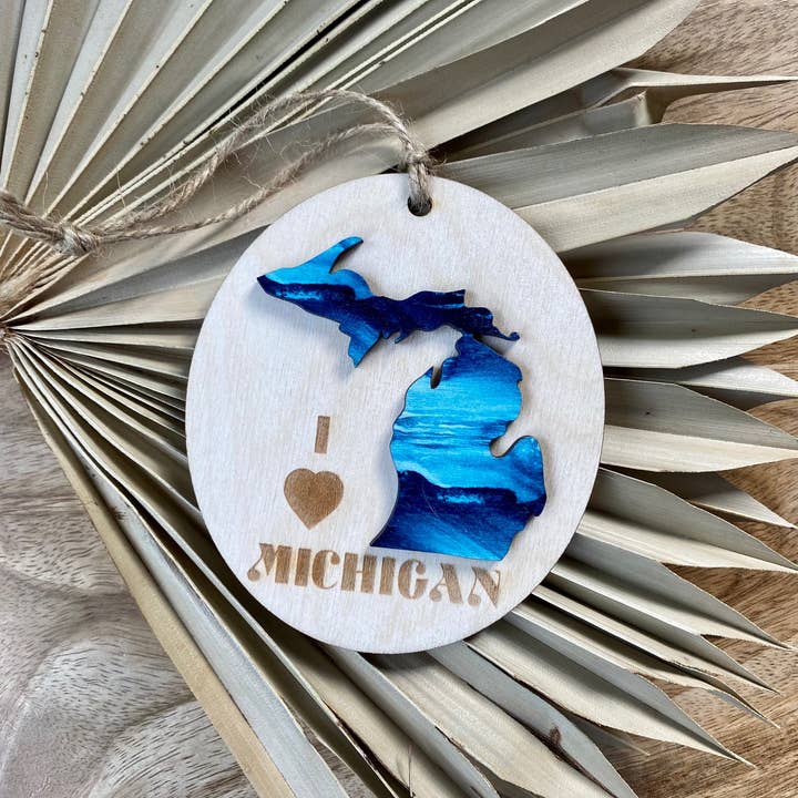 Feather and Birch - Wholesale Ornament - I love Michigan 3D Blue Waves Oval Wood Ornament