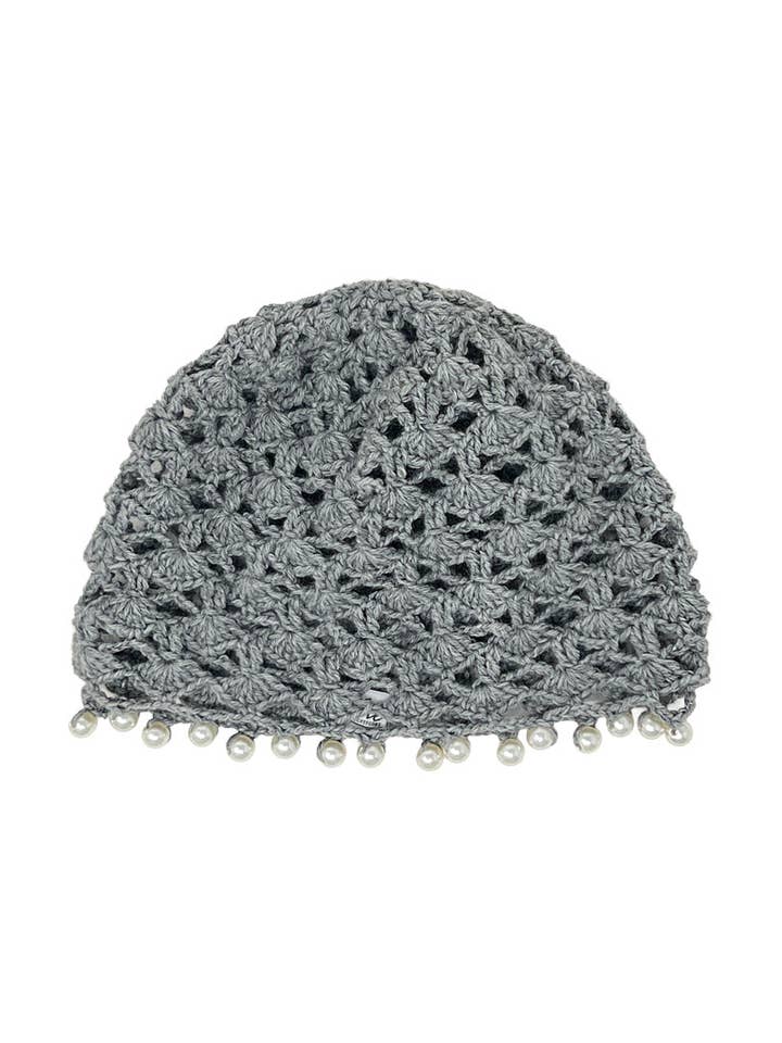 Cappello a cuffia in lana grigia all'uncinetto con perle for wholesale by Tétè Accessories