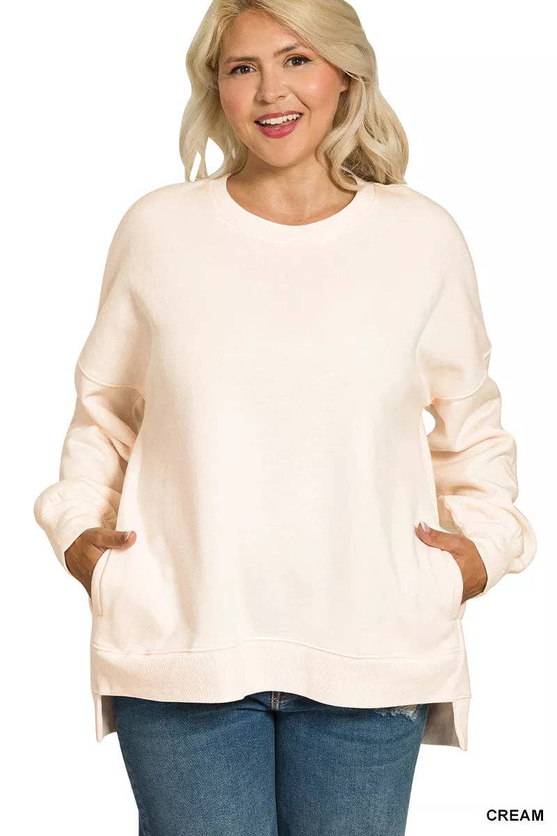 CREAM Zenana Full Size Fleece Hi-low Boyfriend Sweatshirts with Pockets Plus Size for wholesale on Faire1