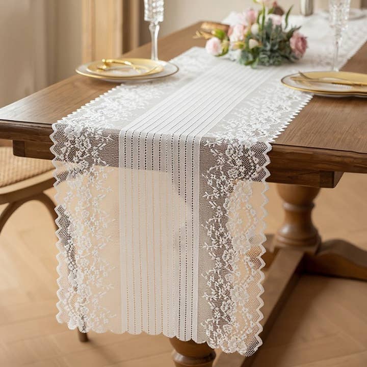 Floral Lace Table Runner with Scalloped Edges and Pom Pom Tr for wholesale by AK Brand