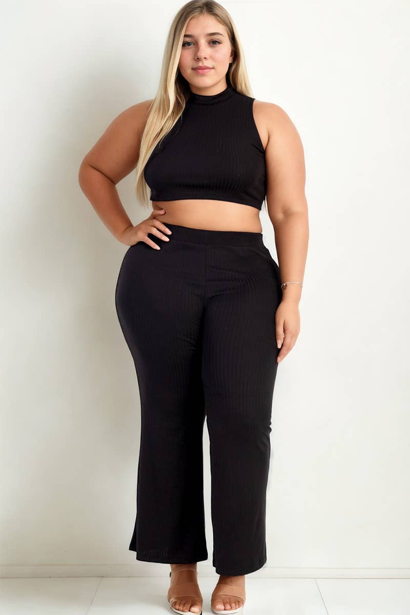 CAPELLA APPAREL – Engroshandel Top- og buksesæt (IKKE Loungewear) - Dame – Plus Size Ribbed Mock Neck Crop Tank Top & Bootcut Bukser Sæt8