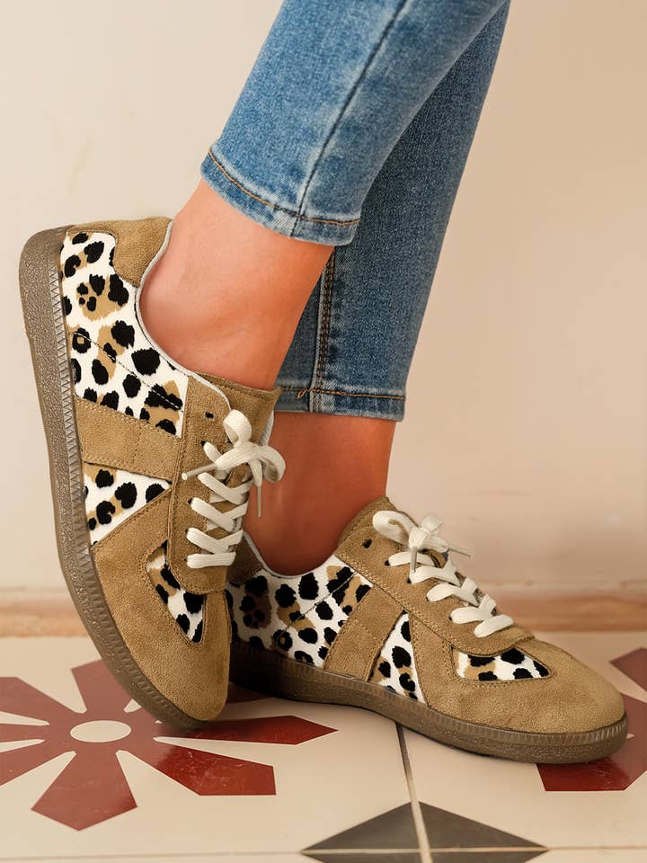 LAS Color Block Leopard Patchwork Lace-up Flat Shoes (37-42) for wholesale by LA Society