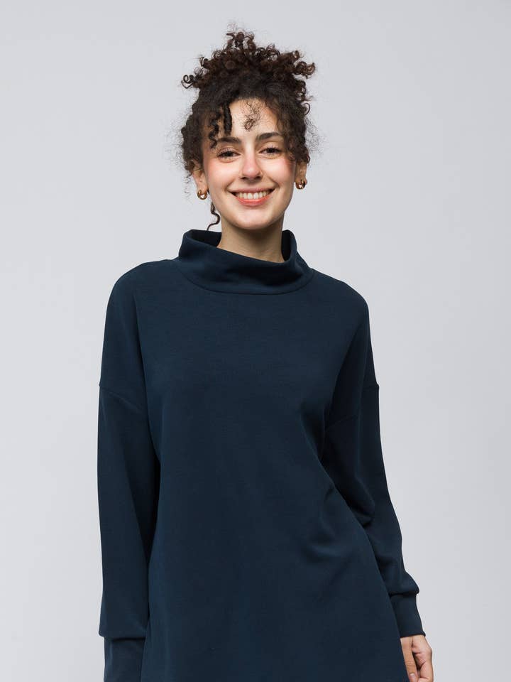 Navy Funnel Neck Modal Blend Sweatshirt with Side Slits for wholesale by Alse Studio