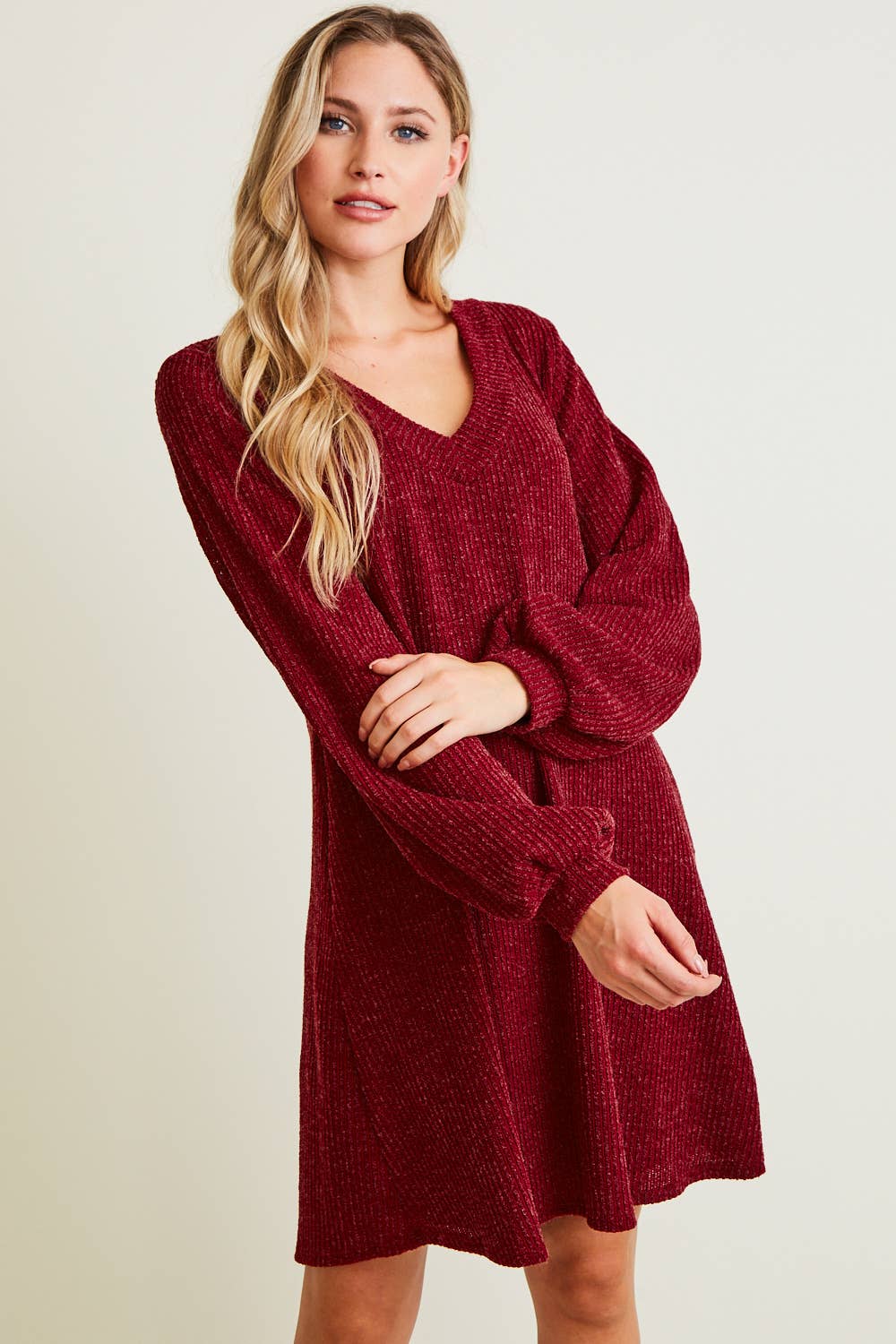 Saints & Hearts - Wholesale Dress - Women's - SD2109A WINE V-NECK RIB SWEATER DRESS - FALL TREND1