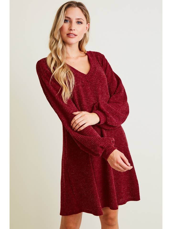 Saints & Hearts - Wholesale Dress - Women's - SD2109A WINE V-NECK RIB SWEATER DRESS - FALL TREND1