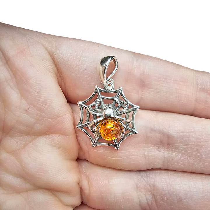 Amberman - Wholesale Individual Charm/Pendant - Halloween Collection Cognac Amber Silver Spiderweb Pendant
