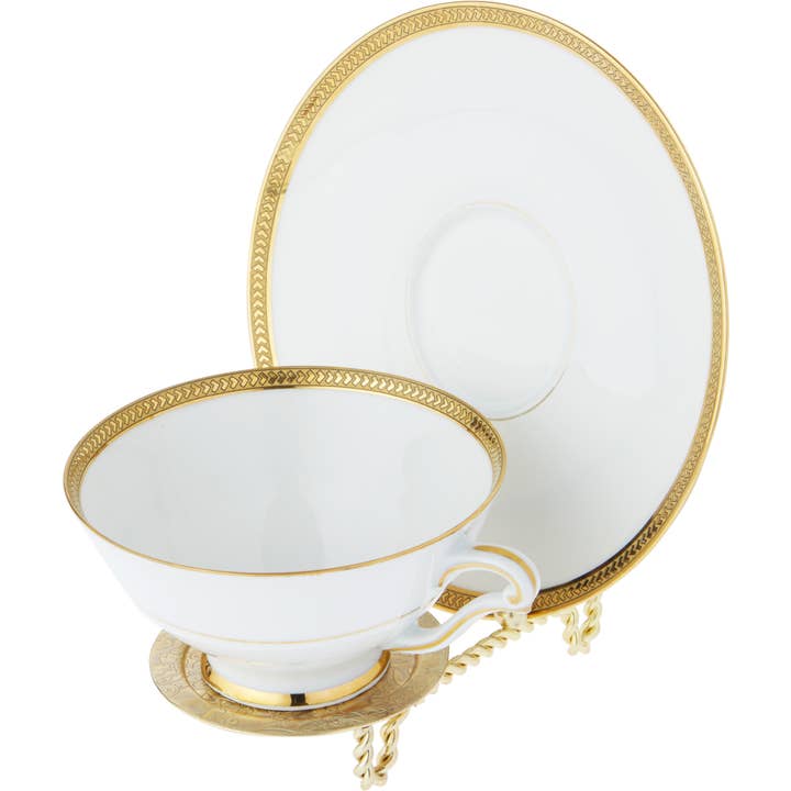 Bard's - Wholesale Decorative Tabletop Object - Bard's Ornate Gold Cup & Saucer Stand, 3" H x 2.75" W x 4" D8