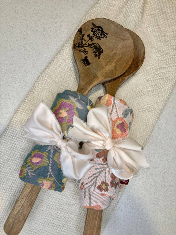 Floral Engraved Acacia Wood Spoon & Reversible Towel Set for wholesale by House of Wren