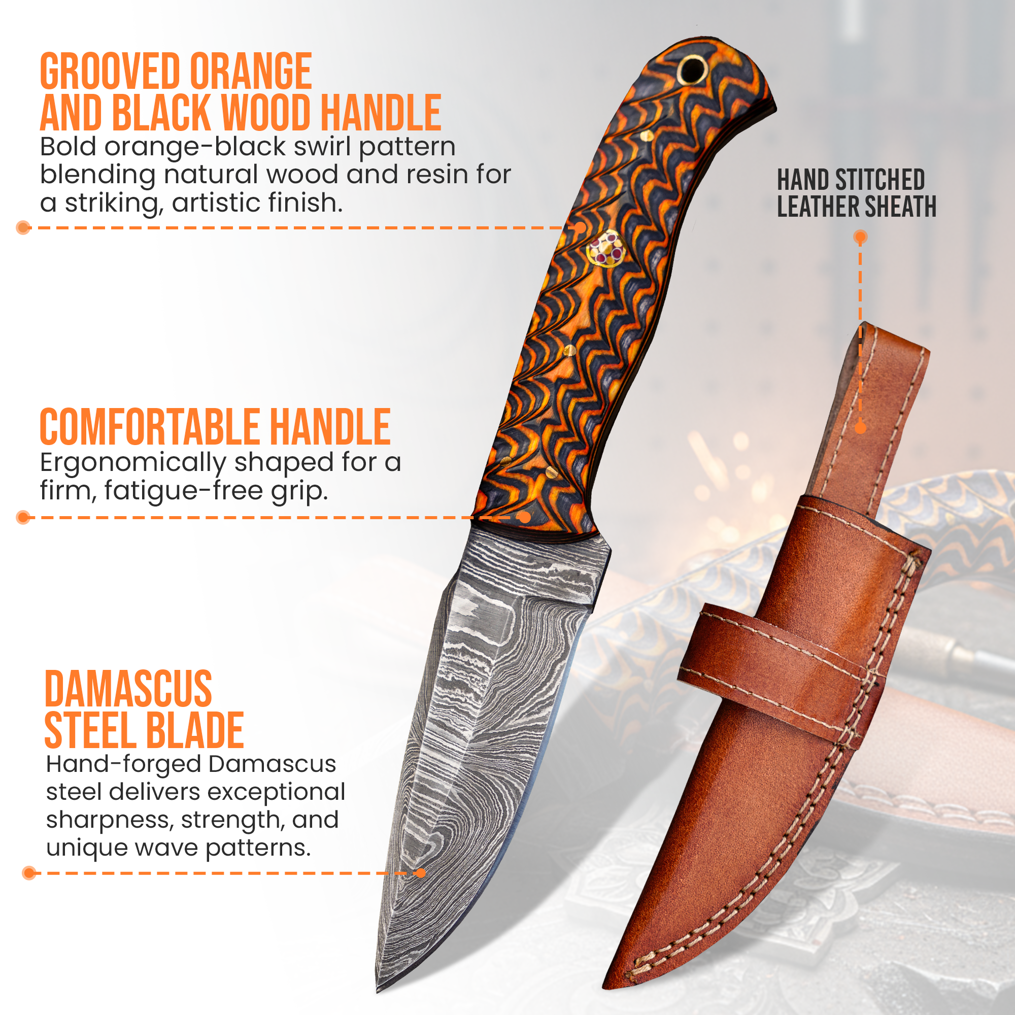 FH KNIVES - Wholesale Pocket Knife/Holder - 8' Damascus knife with leather sheath  Grooved handle1