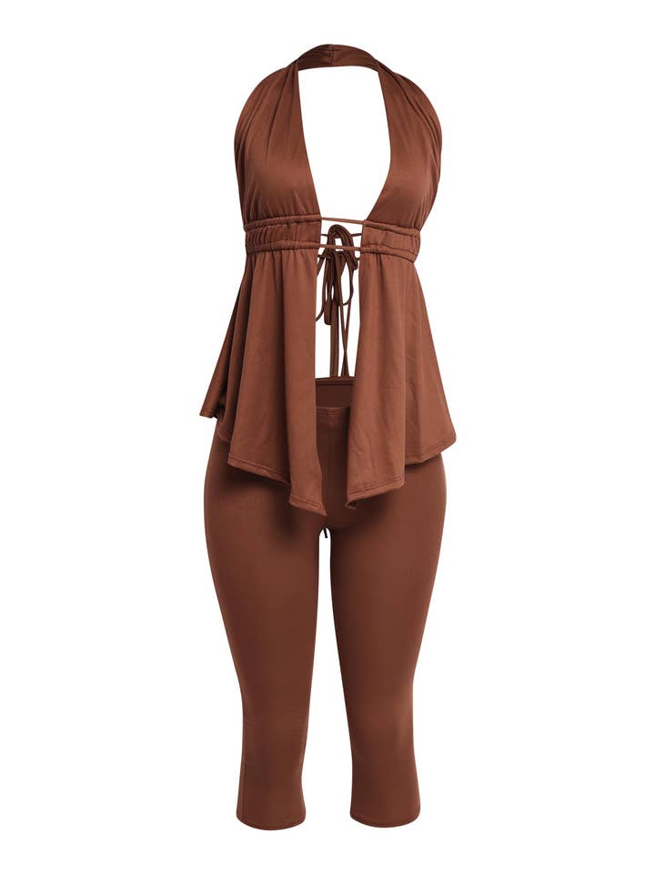 Halter neck open back top & capri set for wholesale by K Too