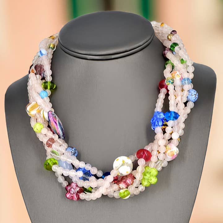 6-Strand Rose Quartz Necklace with Italian Glass Beads With Sterling Silver Clasp for wholesale by Viktoria Simonë