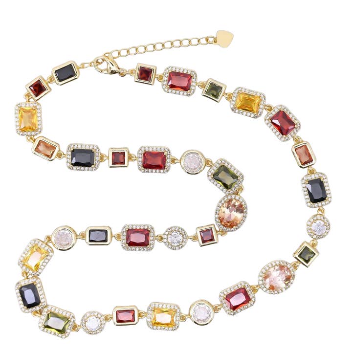 Geometric Multicolor Cluster Micro Paved CZ Gemstone Necklace NC-21WA1241 for wholesale by Simply Jewels
