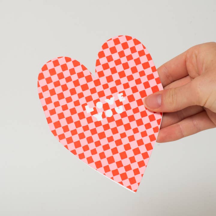 Checker Heart Die-cut Shape Greeting Card by Suzy Ultman for wholesale by Egg Press Manufacturing