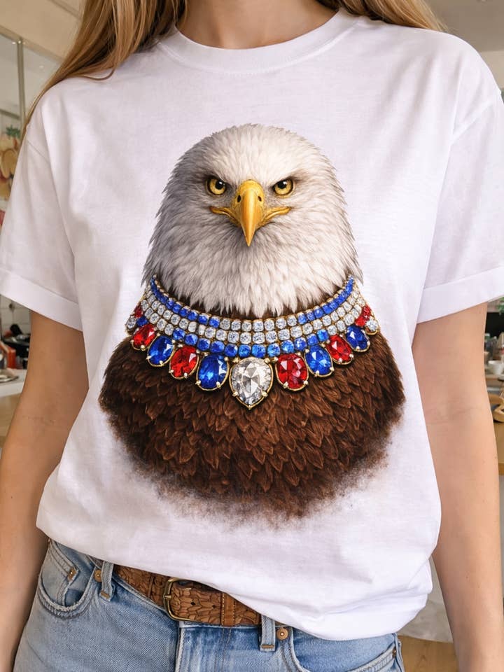 Jeweled Collar Eagle on White Crew for wholesale by Bling-A-GoGo, LLC