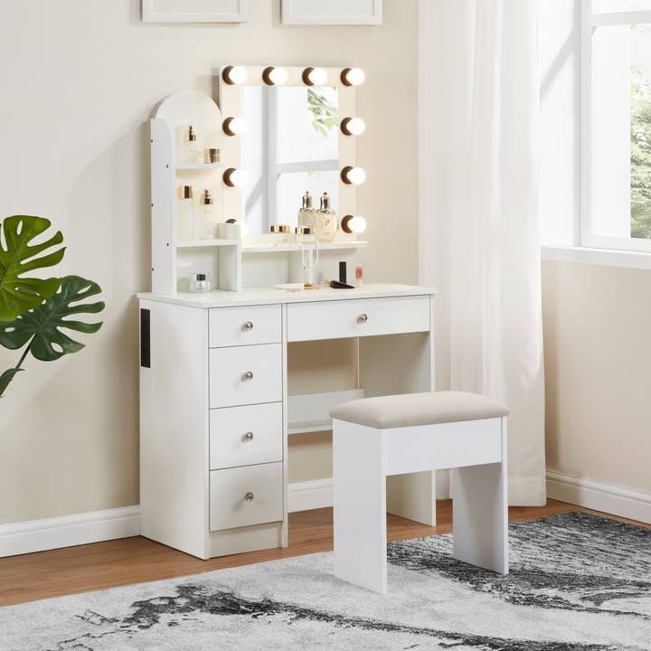 Homy Casa 4‑Drawer Lighted Dressing Table with Padded Stool for wholesale by HOMYCASA DESIGN INC