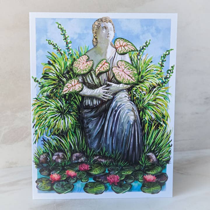 Statue with Tropical Plants Greeting Card for wholesale by Scribblebard Illustrations